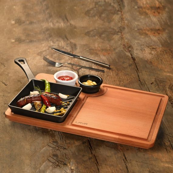 Набор для подачи: сковорода квадратная чугунная на деревянной подставке, 16*16 см, LAVA, изображение 6
