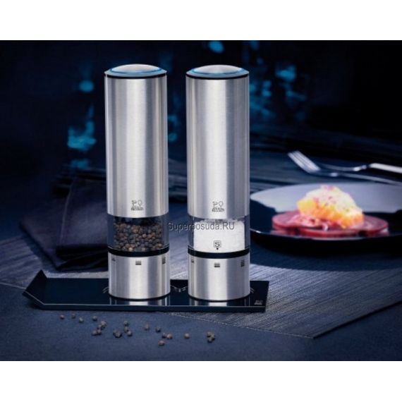 Набор электрических мельниц для соли и перца на подставке, 20см,  6 степеней помола, ELIS SENSE PEUGEOT, Франция, изображение 2