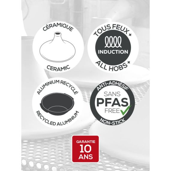 Тажин 33 см ( без ручек 30 см), h 23 см, основание - кованный алюминий с антипригарным покрытием, крышка - керамика, черная, ATLAS SATIN BLACK, Peugeot, изображение 2