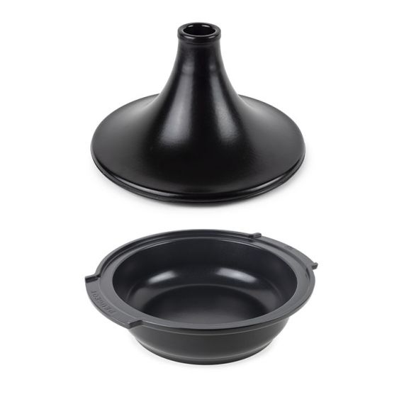 Тажин 33 см ( без ручек 30 см), h 23 см, основание - кованный алюминий с антипригарным покрытием, крышка - керамика, черная, ATLAS SATIN BLACK, Peugeot, изображение 3