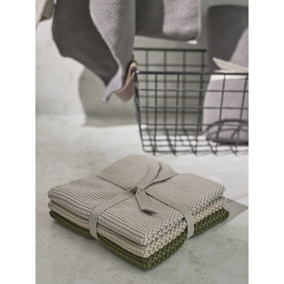 Набор из трех вязаных салфеток для уборки и мытья посуды бежевого и оливкового цветов из коллекции Essential, 28х28 см, Tkano, изображение 3