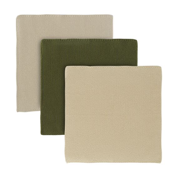 Набор из трех вязаных салфеток для уборки и мытья посуды бежевого и оливкового цветов из коллекции Essential, 28х28 см, Tkano