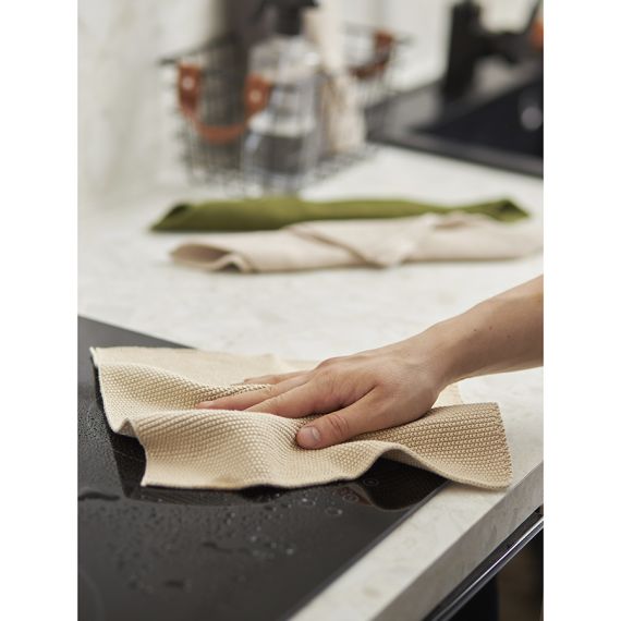 Набор из трех вязаных салфеток для уборки и мытья посуды бежевого и оливкового цветов из коллекции Essential, 28х28 см, Tkano, изображение 4