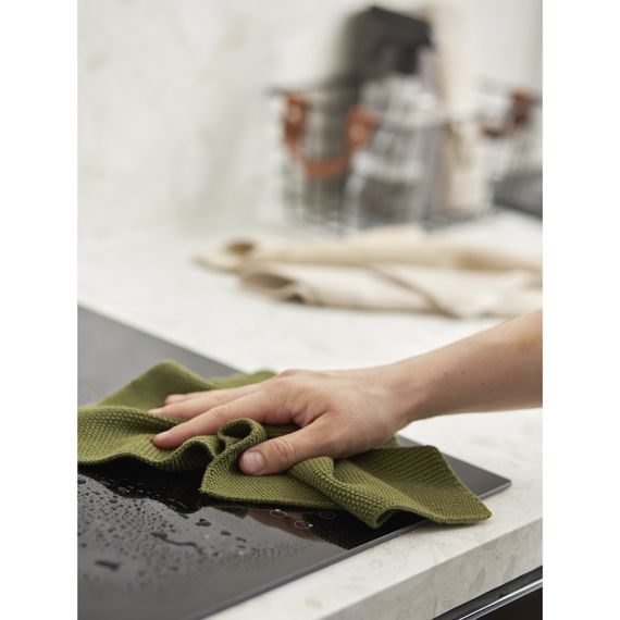 Набор из трех вязаных салфеток для уборки и мытья посуды бежевого и оливкового цветов из коллекции Essential, 28х28 см, Tkano, изображение 7