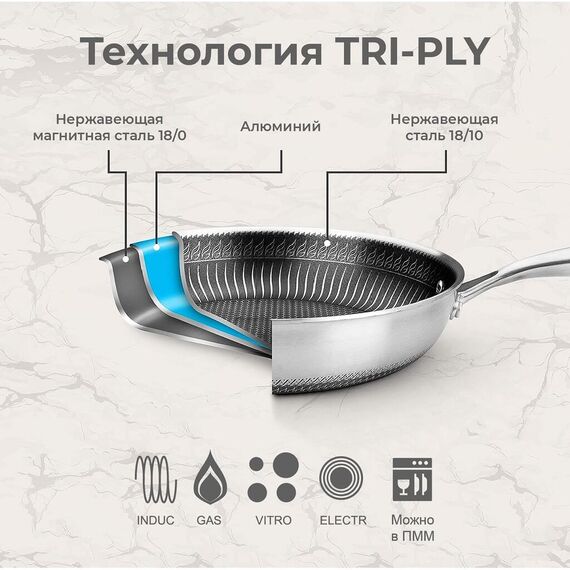 Сковорода индукционная New Kitchen 20 см, h=4,5 см,  нержавеющая сталь 3-х слойная, P.L. Proff Cuisine, изображение 2