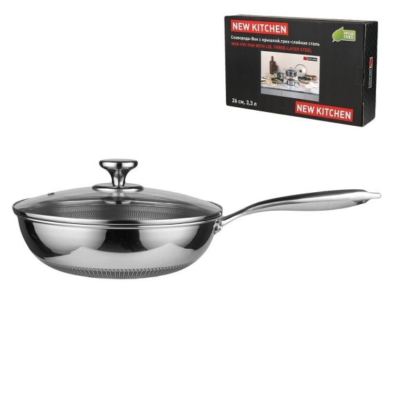 Сковорода-Вок с крышкой 3.3 л, 26/15*8 см, серия New Kitchen, трехслойная сталь, P.L. Proff Cuisine