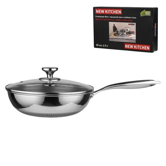 Сковорода-Вок с крышкой 4.9 л, 30/15,5 *9 см, серия New Kitchen, трехслойная сталь, P.L. Proff Cuisine