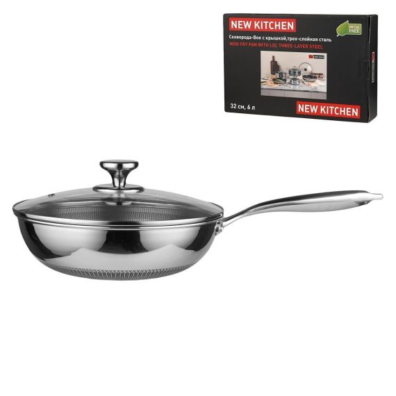 Сковорода-Вок с крышкой 6 л, 32/17,5*9,5 см, серия New Kitchen, трехслойная сталь, P.L. Proff Cuisine
